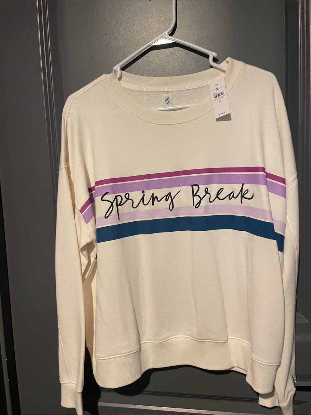 Lou & Grey Cream Crewneck Sweatshirt with Pink, Purple & Blue Stripes